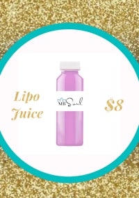 a bottle of liposol juice on a gold background