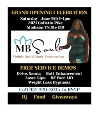 a flyer for the grand opening of mb mobile spa & body conditioning